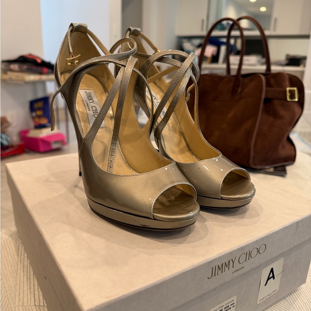 Jimmy Choo Metallic Taupe Peep-Toe Strappy Platform Heels